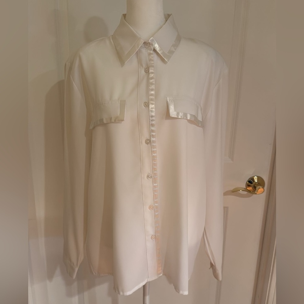 Vintage 1980’s White Blouse with satin trim and front pockets